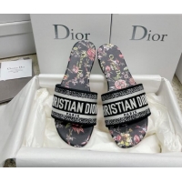 Good Quality Dior Dway Flat Slides in Black Multicolor Embroidered Cotton with Dior Jardin Botanique Motif 022310