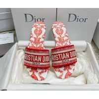 Classic Hot Dior Dway Flat Slides in Red and White Cotton with Dior Bandana Embroidery 022308