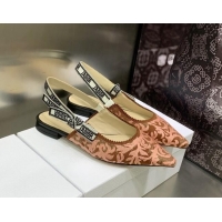 Charming Dior J'Adior Slingback Ballerina Flat in Pink and Brown Embroidered Cotton 022316