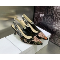 Best Grade Dior J'Adior Slingback Pumps 6.5cm in Black Multicolor Cotton with Dior Jardin Botanique Embroidery 022318