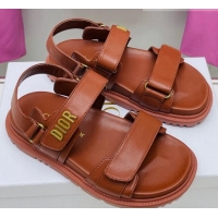 Best Price Dior DiorAct Calfskin Flat Strap Sandals Cognac Brown 022828