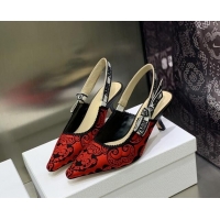 Stylish Dior J'Adior Slingback Pumps 6.5cm in Black and Red Cotton with Bandana Embroidery 030232