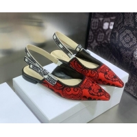 Sumptuous Dior J'Adior Slingback Ballerina Flat in Black and Red Cotton with Bandana Embroidery 030233