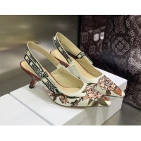 Hot Style Dior J'Adior Slingback Pumps 6.5cm in White Multicolor Embroidered Cotton with Jardin Botanique Motif 030235