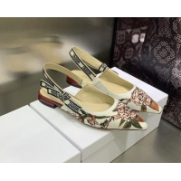 Sophisticated Dior J'Adior Slingback Ballerina Flat in White Multicolor Embroidered Cotton with Jardin Botanique Motif 0