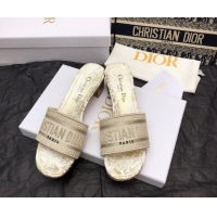 Luxury Dior Dway Heeled Slide Sandals 4cm in White and Gold Cotton Embroidered with Jardin d'Hiver Motif 321016