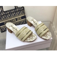 Classic Hot Dior Dway Heeled Slide Sandals 4cm in Gold Cotton Embroidered 0321023