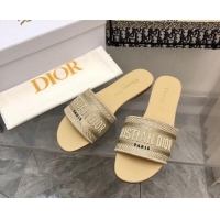 Stylish Dior Dway Flat Slide Sandals in Beige Embroidered Cotton 321026