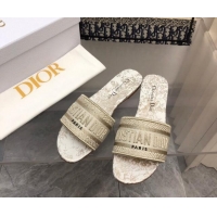 Stylish Dior Dway Flat Slide Sandals in Gold Cotton Embroidered 0321029