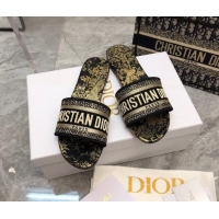 Duplicate Dior Dway Flat Slide Sandals in Black and Gold Cotton Embroidered with Jardin d'Hiver Motif 0321031