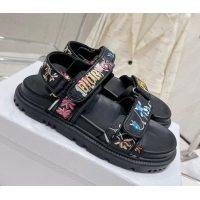 Grade Dior Dioract Flat Sandals in Black Technical Fabric Embroidered with Petites Fleurs Motif 0329022