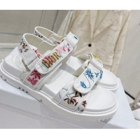 Best Grade Dior Dioract Flat Sandals in White Technical Fabric Embroidered with Petites Fleurs Motif 0329023