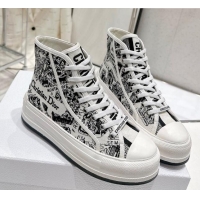 Grade Quality Dior Walk'n'Dior High-top Platform Sneakers in White and Black Cotton Embroidered with Plan de Paris Motif