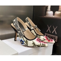 Discount Dior J'Adior Slingback Pumps 9.5cm in White Multicolor Cotton Embroidered with Petites Fleurs Motif 420061