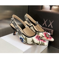 Luxury Dior J'Adior Slingback Pumps 6.5cm in White Multicolor Cotton Embroidered with Petites Fleurs Motif 420062