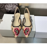 Stylish Dior J'Adior Slingback Ballerina Flat in Beige Multicolor Cotton Embroidered with Petites Fleurs Motif 0420066