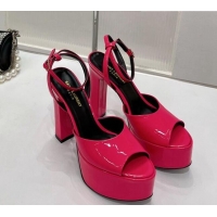 Good Quality Saint Laurent Patent Leather High Heel Platform Sandals 15.5 Dark Pink 101158