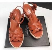 Sumptuous Saint Laurent Grained Leather Wedge Sandals 11cm Brown 101405