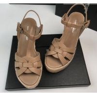 Top Quality Saint Laurent Grained Leather Wedge Sandals 11cm Taupe 101408