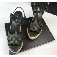 AAAAA Saint Laurent Grained Leather Wedge Sandals 11cm Green 101409