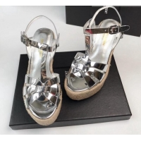 Hot Style nt Laurent Metallic Leather Wedge Sandals 11cm Silver 101410