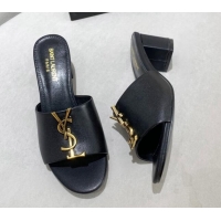 Low Cost Saint Laurent YSL Calfskin Heeled Slide Sandals Black 122445