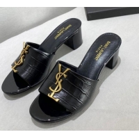 Best Quality Saint Laurent YSL Embossed Leather Heeled Slide Sandals Black 122446