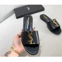 Best Product Saint Laurent YSL Calfskin Flat Slide Sandals Black 122450