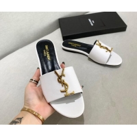 Low Price Saint Laurent YSL Calfskin Flat Slide Sandals Optic White 122451