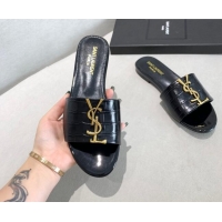 Popular Style Saint Laurent YSL Embossed Leather Flat Slide Sandals Black/Gold 122452