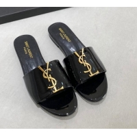 Unique Style Saint Laurent YSL Patent Leather Flat Slide Sandals Black/Gold 122454