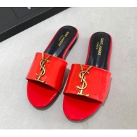 Shop Duplicate Saint Laurent YSL Patent Leather Flat Slide Sandals Red 122458