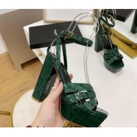 Unique Discount Saint Laurent Tribute Platform Sandals in Crocodile Leather Green 122465