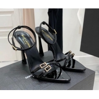 Most Popular Saint Laurent Lila Patent Leather High Heel Sandals 11cm with Crystal Buckle Black 022534