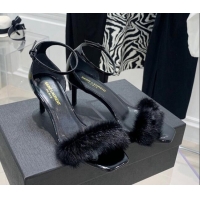 Unique Style Saint Laurent Amber Patent Leather High Heel Sandals 8.5cm with Mink Fur All Black 022546