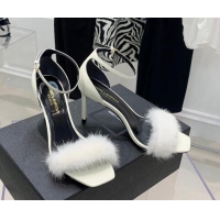 Grade Quality Saint Laurent Amber Patent Leather High Heel Sandals 8.5cm with Mink Fur White 022547