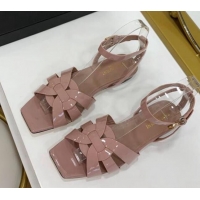 Discount Saint Laurent Tribute Patent Leather Flat Sandals Pink 022554