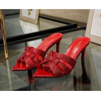 Good Product Saint Laurent Leather Point Toe Heel Slide Sandals with Crystals Red 0324030