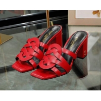 Best Product Saint Laurent Lambskin Medium Heel Slide Sandals Red 0324046