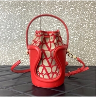 Famous Brand VALENTINO V-logo MINI LOCO sheepskin and fabric Bucket Bag I6ZN red