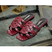 Discount Saint Laurent Flat Slide Sandals in Embossed Leather Red 324057