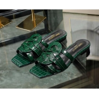 Best Grade Saint Laurent Flat Slide Sandals in Embossed Leather Green 0324058