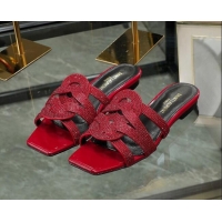 Sophisticated Saint Laurent Flat Slide Sandals with Crystals Red 0324064