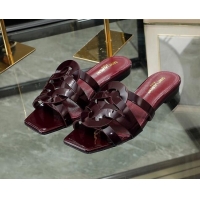 Hot Style Saint Laurent Flat Slide Sandals in Patent Leather Burgundy 324068