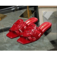 Grade Saint Laurent Flat Slide Sandals in Patent Leather Red 324069