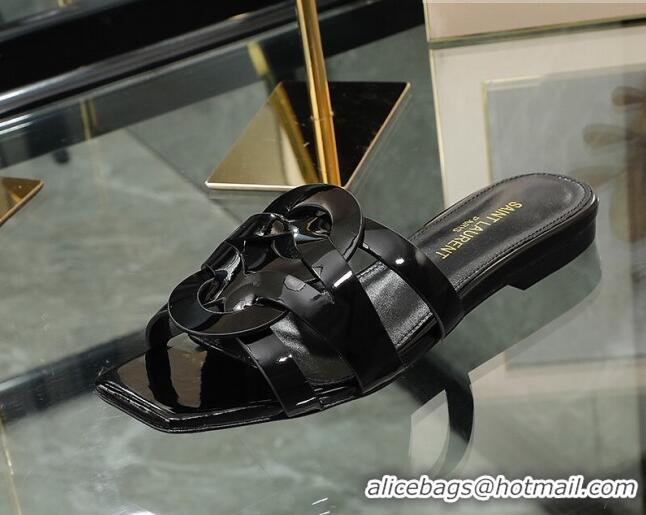 Stylish Saint Laurent Flat Slide Sandals in Patent Leather Black 324071