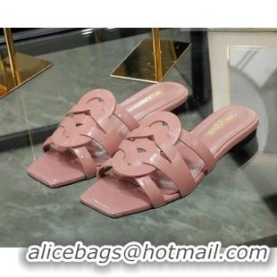 Duplicate Saint Laurent Flat Slide Sandals in Patent Leather Pink 324072