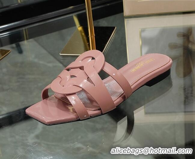 Duplicate Saint Laurent Flat Slide Sandals in Patent Leather Pink 324072