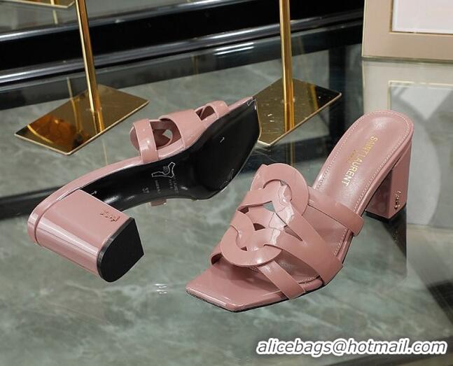 Classic Hot Saint Laurent Medium Heel Slide Sandals in Patent Leather Pink 324074