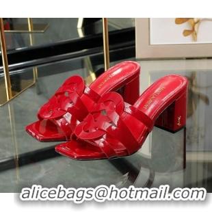 Hot Style Saint Laurent Medium Heel Slide Sandals in Patent Leather Red 324075